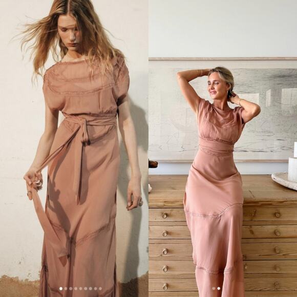 ZARA 2025 Collection | NEW Tan Lace Slip Midi Dress Medium Dainty Coquette Fem - Picture 1 of 12